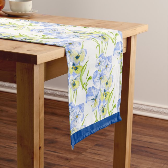 Icy Blue Pansies on a Table Runner (In Situ)