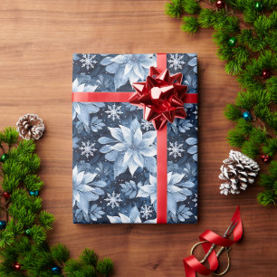 Icy Blue Poinsettias and Snowflakes on Navy Wrapping Paper