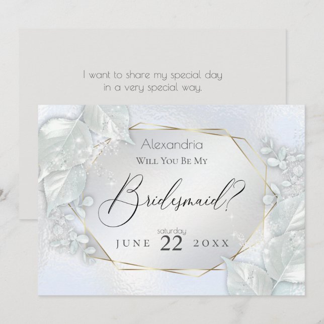 Icy Blue Shimmery Will You Be My Bridesmaid Invitation (Front/Back)