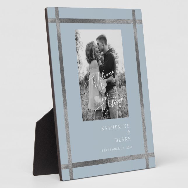 Icy Blue & Silver Welcome to our Wedding B/W Photo Plaque (Side)
