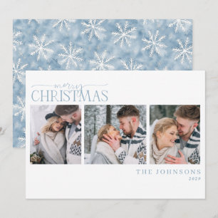 Icy Blue Snowflake Winter Christmas 3 Photo Holiday Card