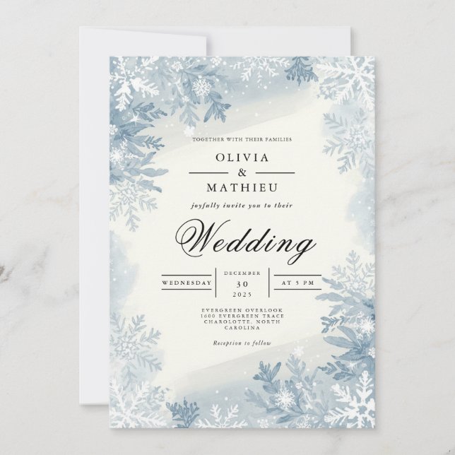 Icy Blue Snowflake Winter Wedding Invitation (Front)