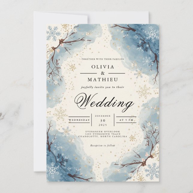 Icy Blue Snowflakes Winter Wedding Invitation (Front)