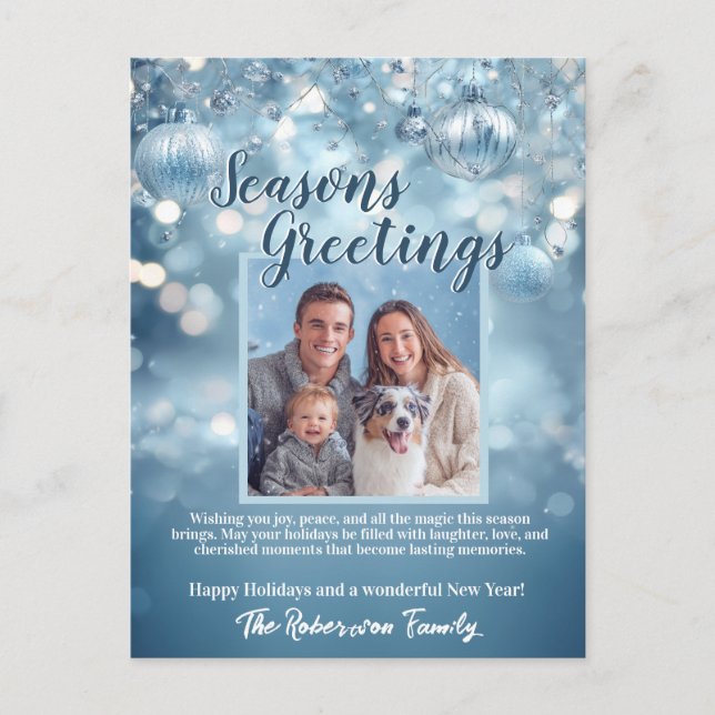 Icy Blue Snowy Sparkle Family Photo Holiday Card (Front)