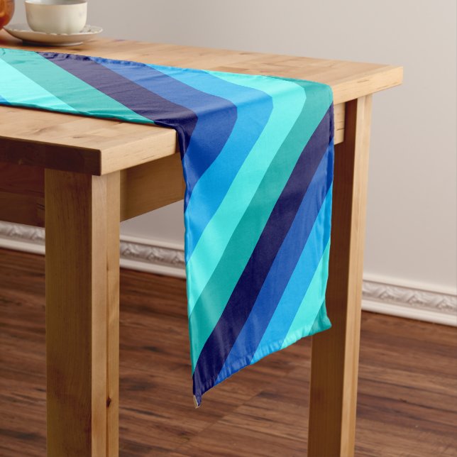 Icy Blue Teal Stripes Large Table Runner (In Situ)