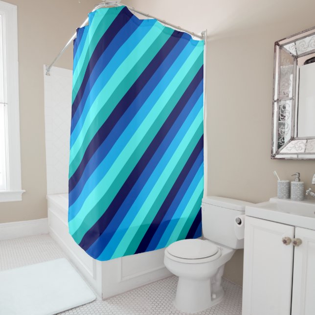 Icy Blue Teal Stripes Shower Curtain (In Situ)