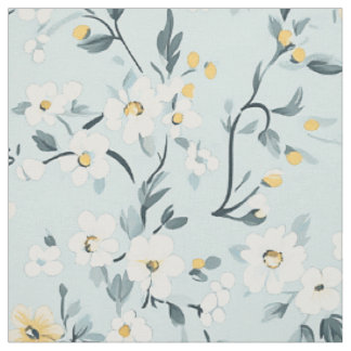 Icy Blue White Blossom Branch Pattern Fabric