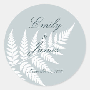 Icy Blue White Fern Elegant Wedding Classic Round Sticker