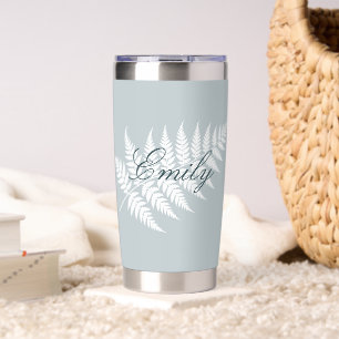 Icy Blue White Fern Personalized Name Silver Insulated Tumbler