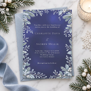 Icy Blue Winter Botanical Black Wedding Invitation