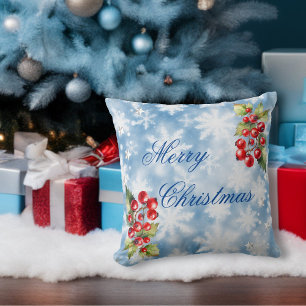 Icy Blue Winter Snowflakes & Holly Merry Christmas Throw Pillow
