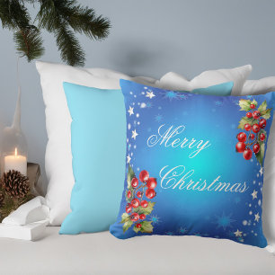 Icy Blue Winter Stars & Holly Merry Christmas Throw Pillow