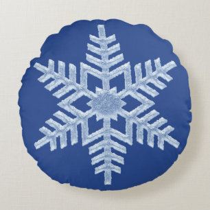 Icy Frozen Christmas Snowflake on Deep Blue Round Pillow