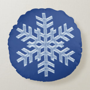 Icy Frozen Christmas Snowflake on Deep Blue Round Pillow
