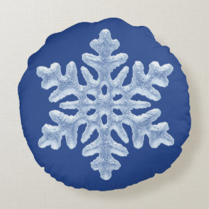 Icy Frozen Christmas Snowflake on Deep Blue Round Pillow