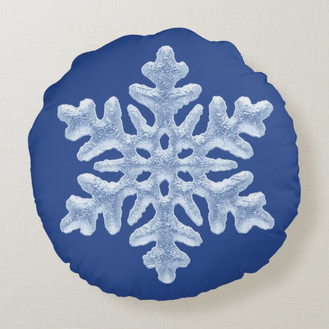 Icy Frozen Christmas Snowflake on Deep Blue Round Pillow (Back)