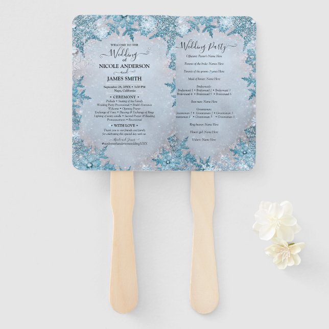 Icy Frozen Snowflakes Winter Wonderland Wedding Hand Fan (Front and Back)