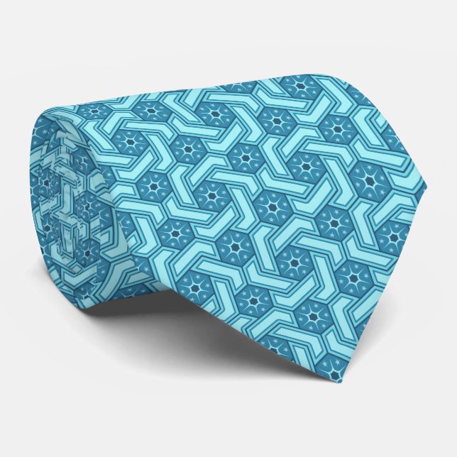 Icy Hexagon Pattern with Snowflakes Tie (Rolled)