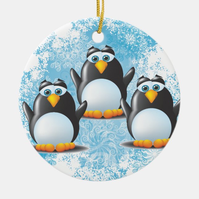 Icy Penguins Ceramic Ornament (Front)