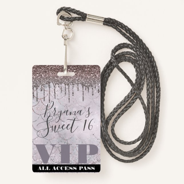 Icy Pink Glitter Drip Mermaid Sweet 16 VIP Pass Badge (Front with Lanyard)