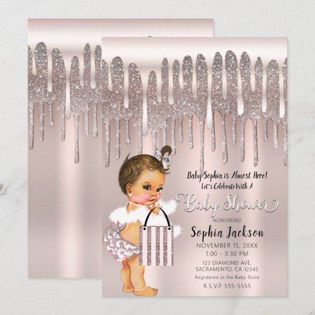 Icy Pink Rose Diamond Glitter Drip Baby Shower Inv Invitation (Front/Back)