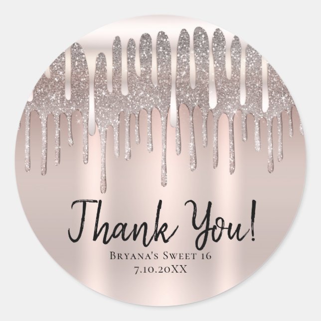 Icy Pink Rose Gold Diamond Glitter Drip Sweet 16 Classic Round Sticker (Front)