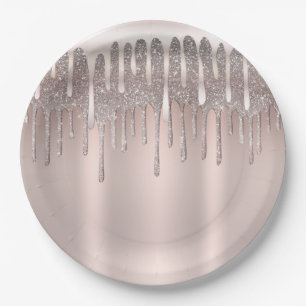 Icy Pink Rose Gold Diamond Glitter Drip Sweet 16 Paper Plate