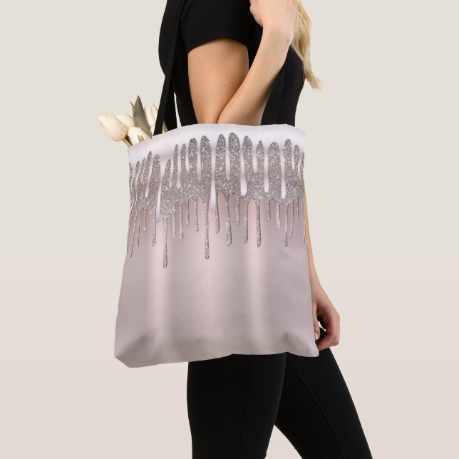 Icy Pink Rose Gold Diamond Glitter Sparkle Drip Tote Bag (Close Up)