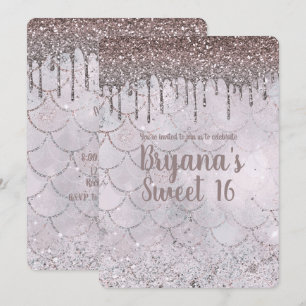 Icy Pink Rose Gold Glitter Drip Mermaid Sweet 16 Invitation