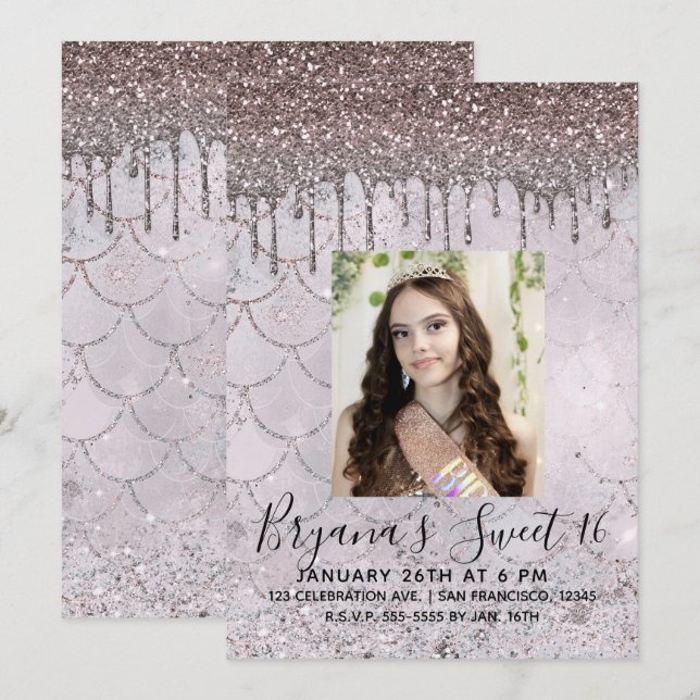 Icy Pink Rose Gold Glitter Drip Sweet 16 Photo Invitation (Front/Back)