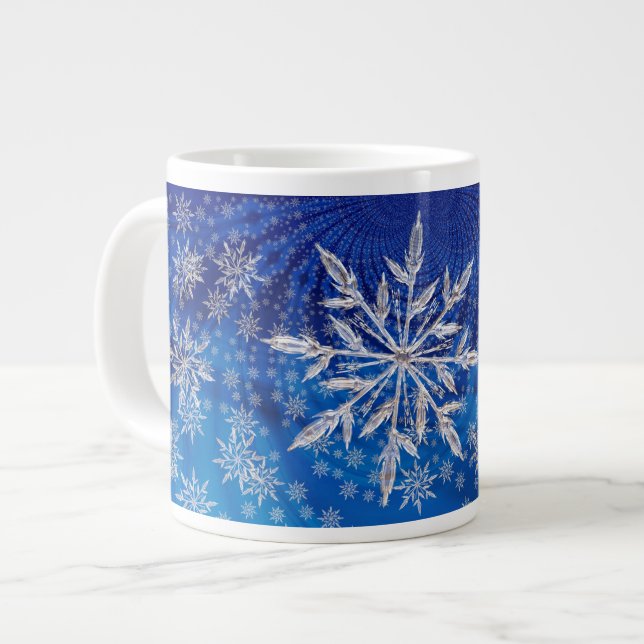 Icy Snowflakes on Blue Large Coffee Mug (Front Left)