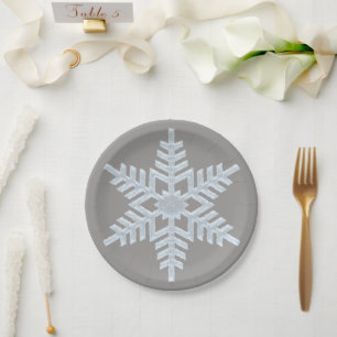 Icy White Frozen Snowflake Elegant Grey Christmas Paper Plate
