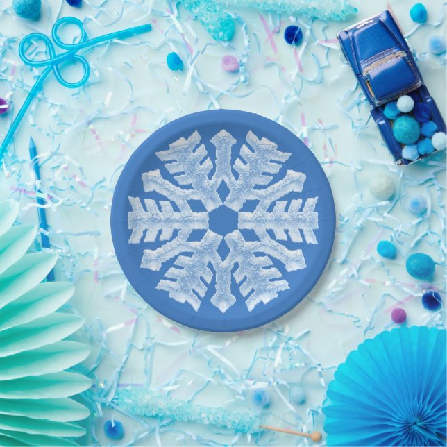 Icy White Frozen Snowflake Frosty Blue Christmas Paper Plate (Party)
