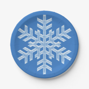 Icy White Snowflake Frozen Frosty Blue Christmas Paper Plate