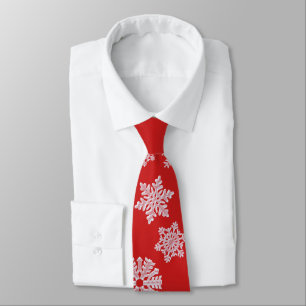Icy White Snowflake on Cozy Warm Red Christmas Tie