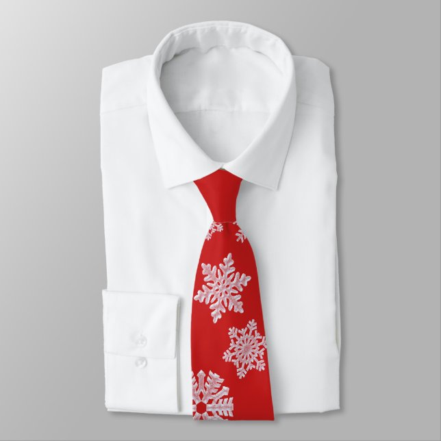 Icy White Snowflake on Cozy Warm Red Christmas Tie (Tied)