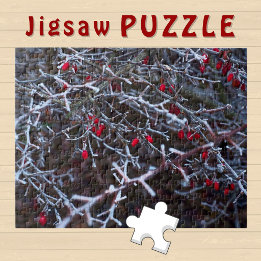 Icy Winter Bush Red Berries aesthetic Photo  Jigsaw Puzzle
