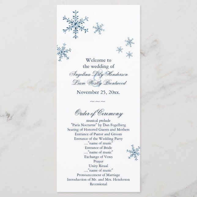 Icy Winter Snowflake Petit Programme de Mariage (Devant)