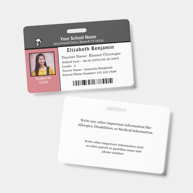 ID Identification Card Bar Code Student School Badge (Front & Back)