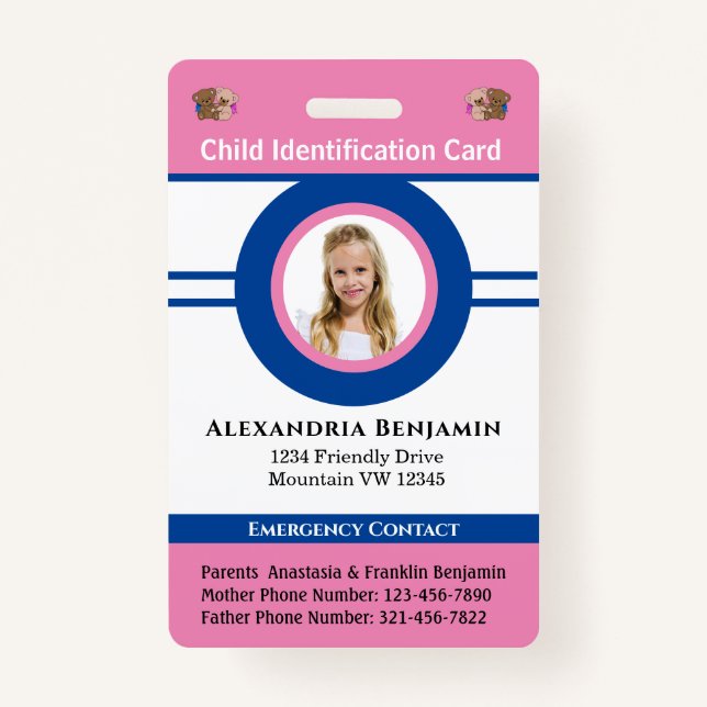 Id Identification Card Boy Girl Child Photo Custom Badge (Front)
