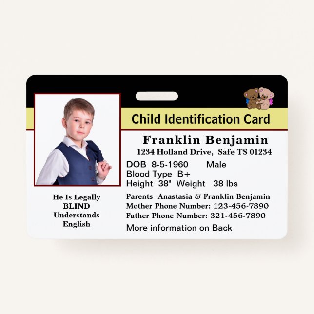 Id Identification Card Child Baby Photo Emergency  Badge (Front)