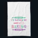 I'd Rather be Baking Pink Purple Kitchen Towel<br><div class="desc">A cute kitchen towel for the baker in your life with "I'd rather be baking" in a fun retro font with illustrations of rolling pins and a whisk in pink,  purple and teal.</div>