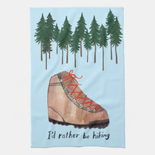 I'd Rather Be Hiking BLUE Trees Whimsical Kitchen Towel