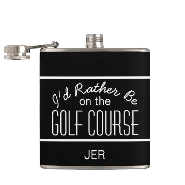 I'd Rather Be on Golf Course Monogrammed Black Hip Flask (Opened)