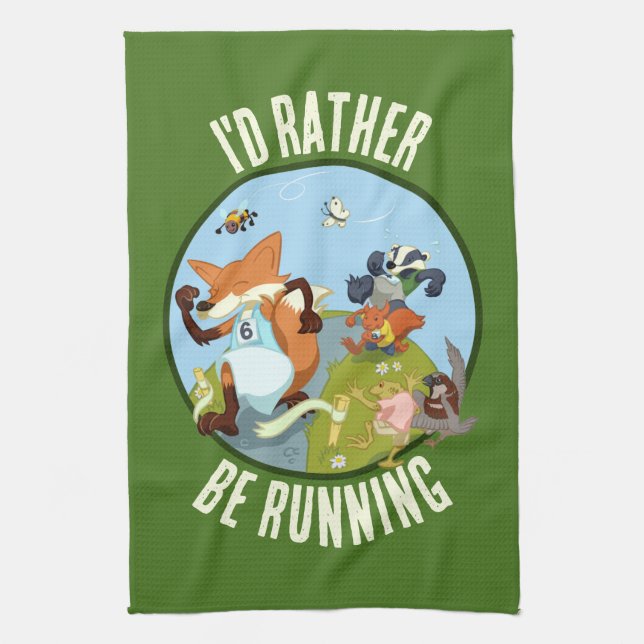 I'd Rather Be Running Fox & Badger Woodland Race Kitchen Towel (Vertical)