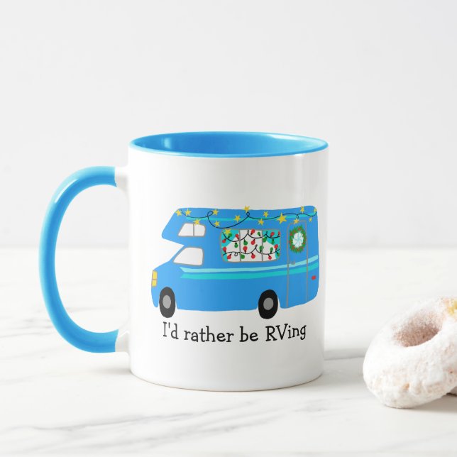 I'd rather be RVing Retro Christmas Camper CUSTOM Mug (With Donut)
