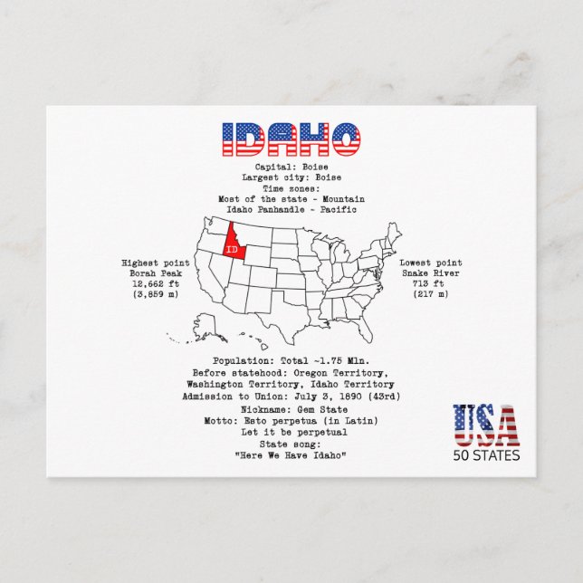 Idaho American state on a map and useful info Holiday Postcard (Front)