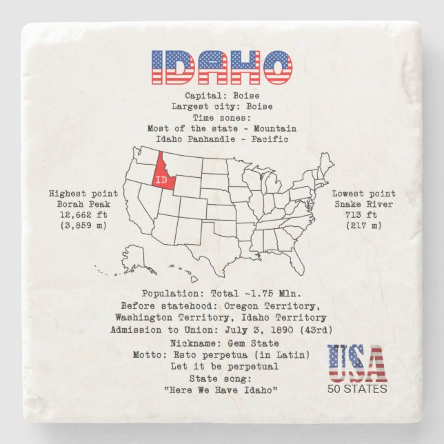 Idaho American state on a map and useful info Stone Coaster (Front)