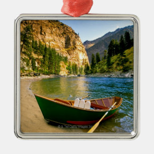 IDAHO, Fishing boat on a sandy beach in the Metal Ornament