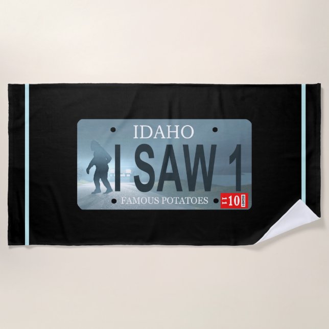 Idaho "I Saw 1" Sasquatch License Plate Beach Towel (Front)